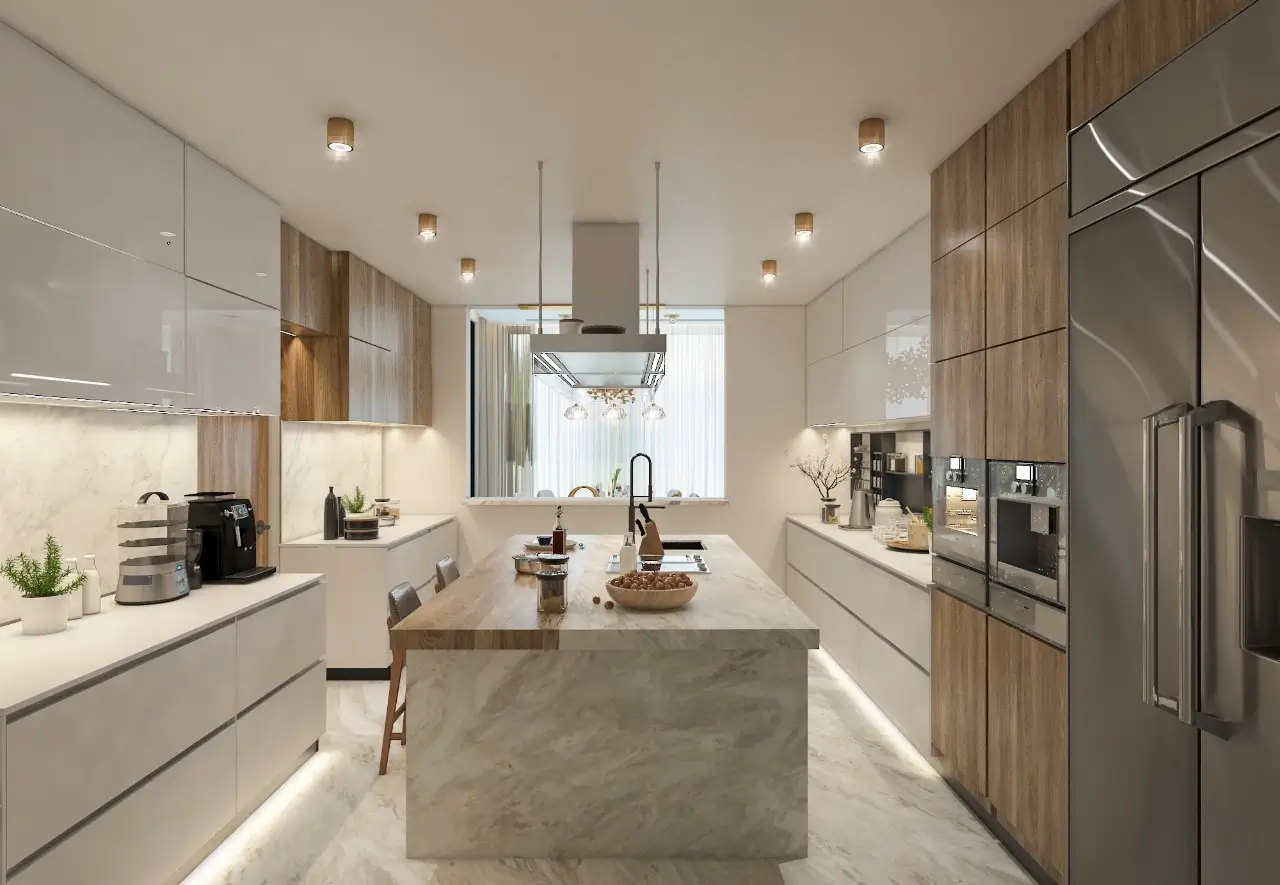 Luxury-kitchen-of-Paradise-Hills-showing-more-space-and-lights-in-ceiling